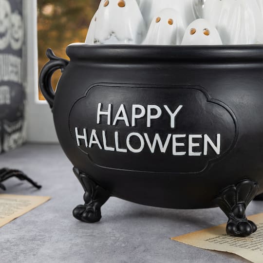 Glitzhome® 9" Halloween Lighted Polyresin Ghosts in Cauldron Table Decor with Timer